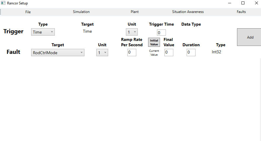 Setup application for Rancor microworld, fault screen