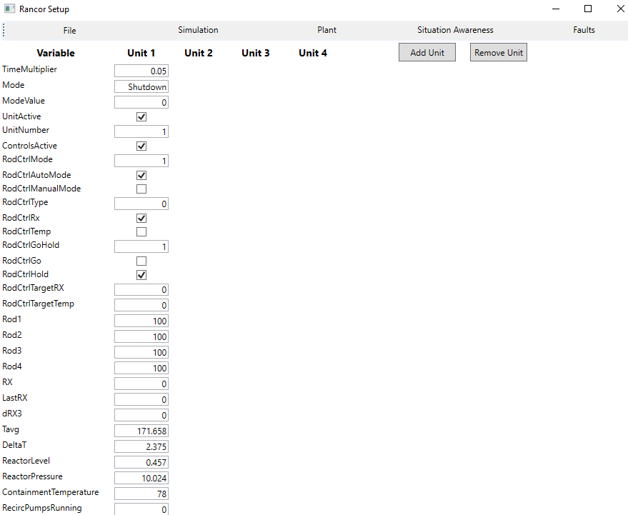 Setup application for Rancor microworld, plant parameters screen